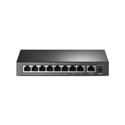 2 Panel frontal del Switch PoE TP-Link TL-SF1009P mostrando sus 9 puertos y los interruptores de Modo Aislamiento y Largo Alcance