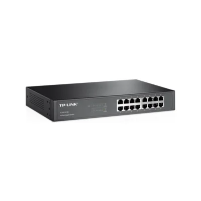 Switch TP-Link TL-SG1016D mostrando sus 16 puertos frontales y botones de prevención de bucles