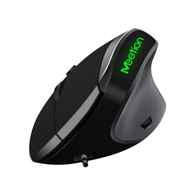 2 Mouse vertical Meetion M390 color negro vista frontal con cable USB sobre fondo blanco