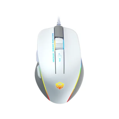 2 Mouse gaming Meetion GM230 color blanco vista superior con iluminación RGB sobre fondo blanco