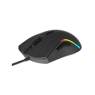 Vista superior y lateral del mouse Meetion GM19 negro destacando su cable trenzado USB y botones programables