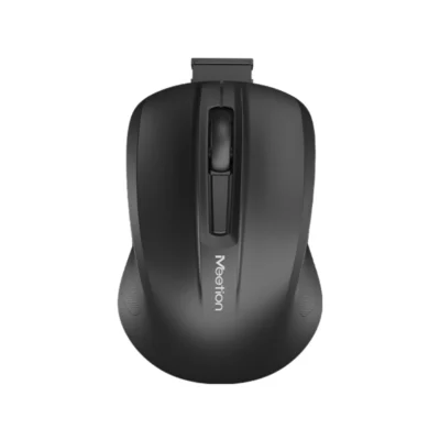 Vista superior del mouse portátil Meetion MiniGo destacando su diseño compacto para viajes