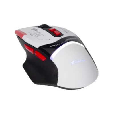 2 Vista superior del mouse Xtrike Me GM-323 blanco destacando su diseño ergonómico y botones de ajuste DPI