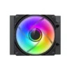 2 Vista frontal del sistema de enfriamiento líquido compacto GameMax Iceburg 120 Infinity BK con su ventilador y bloque ARGB encendidos sobre fondo blanco.