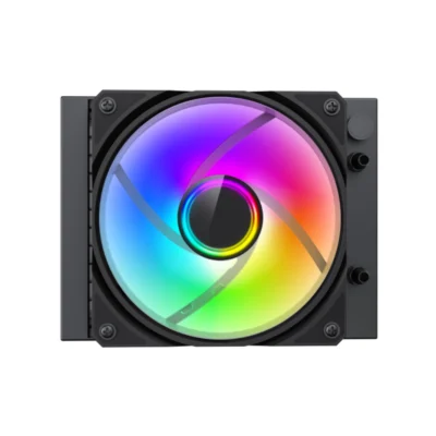 2 Vista frontal del sistema de enfriamiento líquido compacto GameMax Iceburg 120 Infinity BK con su ventilador y bloque ARGB encendidos sobre fondo blanco.