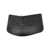2 Vista frontal del teclado ergonómico Genius Ergo KB-700 negro con diseño dividido sobre fondo blanco.