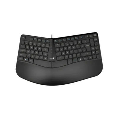 2 Vista frontal del teclado ergonómico Genius Ergo KB-700 negro con diseño dividido sobre fondo blanco.