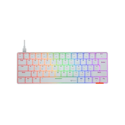 2 Vista frontal del teclado mecánico gamer Meetion MK005 blanco formato 60% con retroiluminación LED encendida sobre fondo blanco.