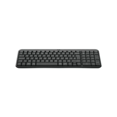 Vista frontal del teclado inalámbrico Logitech K250 color grafito con diseño compacto y teclado numérico sobre fondo blanco.