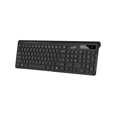 2 Vista frontal del teclado inalámbrico Genius SlimStar 7230 color negro con teclas tipo chocolate sobre fondo blanco.