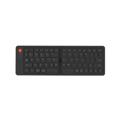 Vista frontal del teclado plegable Bluetooth Meetion BTK001 color negro desplegado sobre fondo blanco.