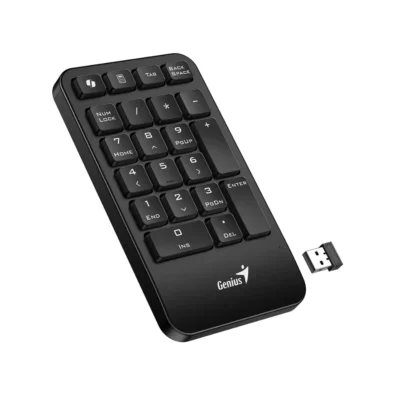 2 Vista frontal del teclado numérico inalámbrico Genius NumPad 1000 color negro con su receptor USB sobre fondo blanco.