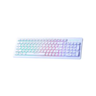 2 Vista frontal del teclado gamer Xtrike Me KB-309 WH color blanco con retroiluminación Rainbow encendida sobre fondo blanco.