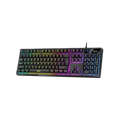 Vista frontal del teclado gamer Genius Scorpion K7 negro con retroiluminación RGB encendida sobre fondo blanco.