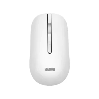 2 Vista frontal del combo de teclado y mouse inalámbrico Marvo WS009 con teclas color blanco, gris y rojo sobre fondo blanco.
