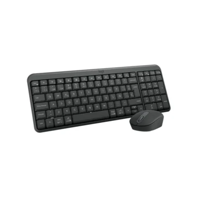 Vista frontal del combo de teclado y mouse inalámbrico Bluetooth Logitech MK250 color grafito sobre fondo blanco.