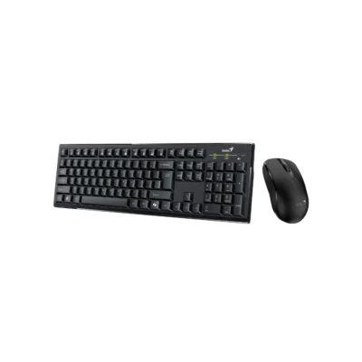2 Vista frontal del combo inalámbrico Genius KM-8101 mostrando el teclado completo negro y el ratón óptico sobre fondo blanco.