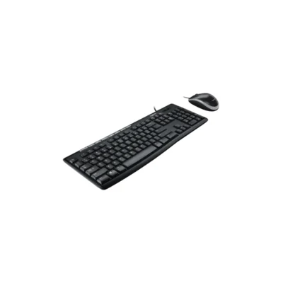 2 Vista frontal del combo de teclado y mouse alámbrico Logitech MK200 Media color negro sobre fondo blanco.