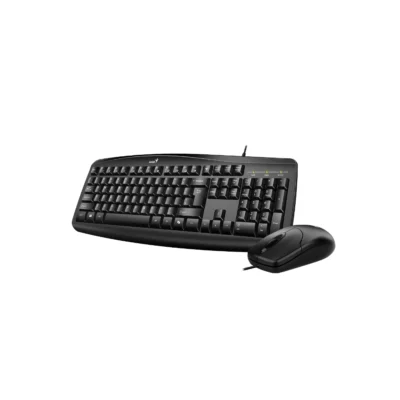 2 Vista frontal del combo alámbrico Genius Smart KM-200 mostrando el teclado negro con reposamuñecas y el ratón óptico sobre fondo blanco.