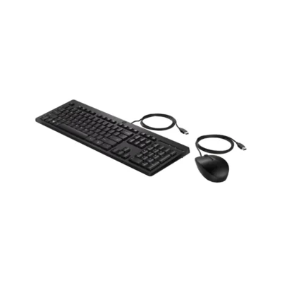 2 Vista frontal del combo de teclado y mouse alámbrico HP 225 color negro sobre fondo blanco.