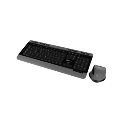 Vista frontal del combo de teclado y mouse inalámbrico premium Klip Xtreme Magnifik KBK-520 color negro con borde inferior plateado sobre fondo blanco.