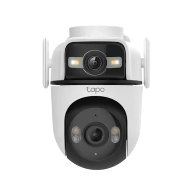 2 Cámara de seguridad WiFi Tapo C545D vista frontal mostrando su doble lente 2K y diseño motorizado para exteriores.