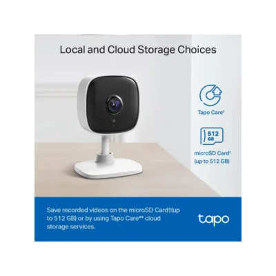 Cámara de seguridad interior WiFi TP-Link Tapo C110 vista frontal sobre su base, destacando su soporte de almacenamiento