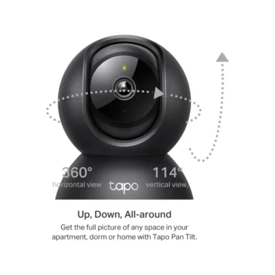 Cámara de seguridad interior WiFi TP-Link Tapo C211 color negro vista frontal, destacando su lente 2K y diseño motorizado 360 grados.