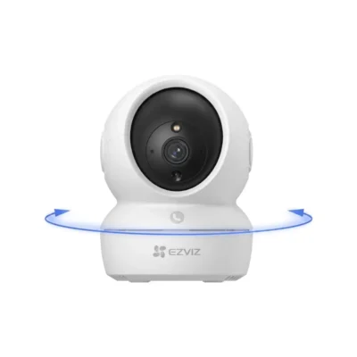 2 Cámara de seguridad interior EZVIZ H6c PRO vista frontal mostrando su diseño domo motorizado blanco y su potente lente 4K.