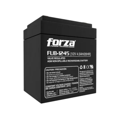 Acercamiento a los bornes de conexión y a la carcasa negra de la batería Forza FUB-1245, mostrando sus certificaciones de seguridad.