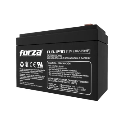 Acercamiento a la batería Forza FUB-1290 destacando su diseño sellado de ácido-plomo libre de mantenimiento y terminales de conexión en la parte superior.