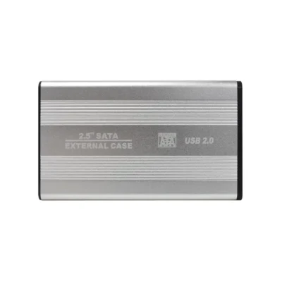 Vista frontal de la caja del case externo para disco duro 2.5 pulgadas Nitron USB 2.0 de aluminio sobre fondo blanco.