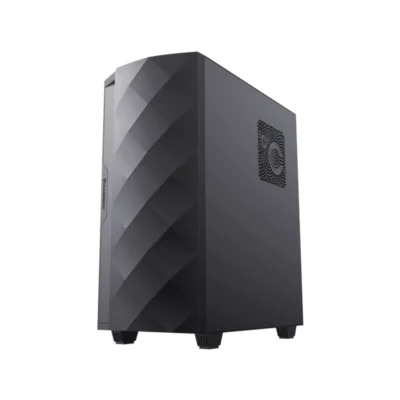 3 Vista diagonal del Case Gaming Gamemax Diamond CP negro mostrando el panel frontal geométrico.