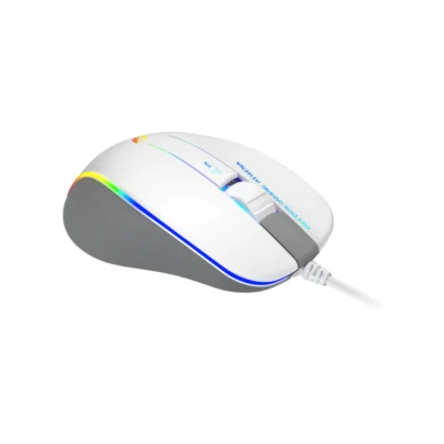 3 Mouse gaming Meetion GM230 color blanco vista frontal con iluminación RGB sobre fondo blanco