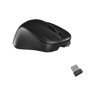 Vista superior y lateral del mouse portátil Meetion MiniGo destacando su diseño compacto para viajes
