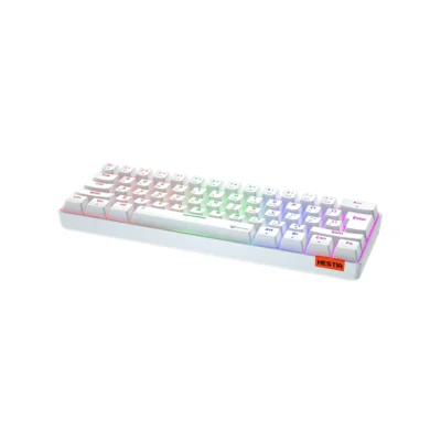 3 Vista frontal del teclado mecánico gamer Meetion MK005 blanco formato 60% con retroiluminación LED encendida sobre fondo blanco.