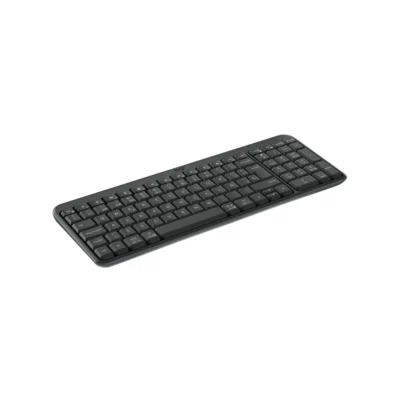 Vista frontal del teclado inalámbrico Logitech K250 color grafito con diseño compacto y teclado numérico sobre fondo blanco.