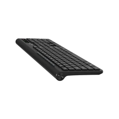 3 Vista lateral del teclado inalámbrico Genius SlimStar 7230 color negro con teclas tipo chocolate sobre fondo blanco.