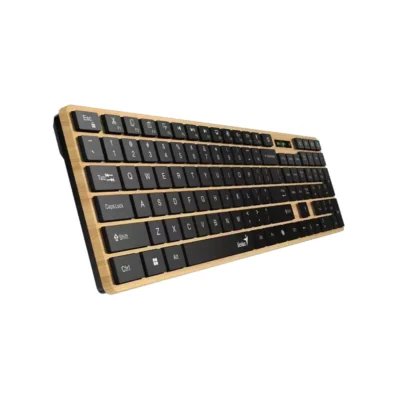 Vista frontal del teclado empresarial multidevice Genius SlimStar 7250BT con diseño estilo pino nórdico sobre fondo blanco.