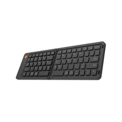 Vista frontal del teclado plegable Bluetooth Meetion BTK001 color negro desplegado sobre fondo blanco.