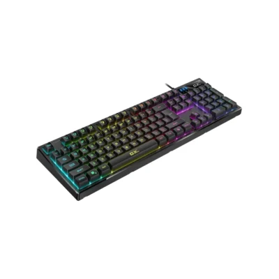 Vista frontal del teclado gamer Genius Scorpion K7 negro con retroiluminación RGB encendida sobre fondo blanco.