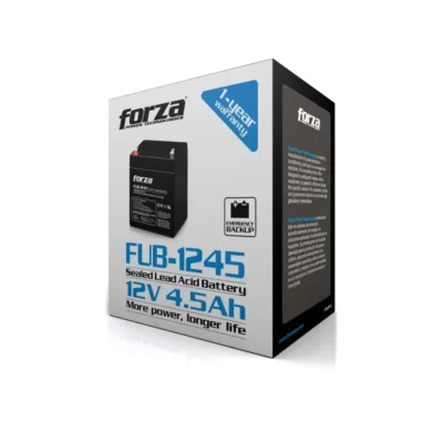 Caja azul de la batería recargable Forza FUB-1245 de 12V 4.5Ah, destacando su diseño de ácido-plomo sellado y 1 año de garantía.