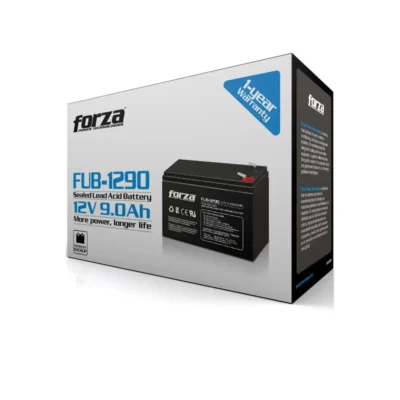 Caja original de la batería recargable Forza FUB-1290 de 12V 9.0Ah, mostrando su sello de seguridad y distintivo de 1 año de garantía.