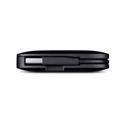 Acercamiento al diseño plegable del Hub TP-Link UH400, destacando cómo el cable USB se oculta de forma segura dentro del dispositivo para transportarlo fácilmente.