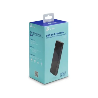 Caja original del Hub expansor TP-Link UH700 de 7 puertos USB 3.0, mostrando su elegante diseño negro y sus especificaciones de carga rápida.