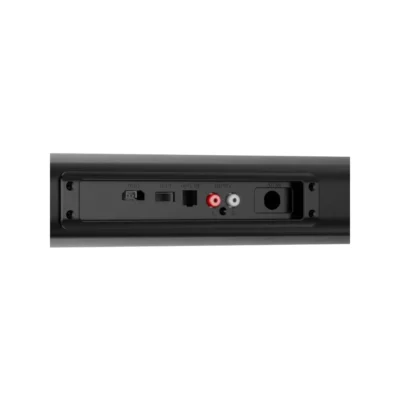Detalle de las conexiones traseras de la barra KlipXtreme Tunebar mostrando los puertos HDMI ARC, óptico digital y USB.