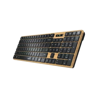 Vista frontal del teclado empresarial multidevice Genius SlimStar 7250BT con diseño estilo pino nórdico sobre fondo blanco.