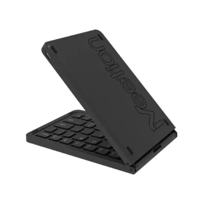 Teclado mini portátil Meetion BTK001 plegado mostrando su diseño ultradelgado, ligero e ideal para viajes.