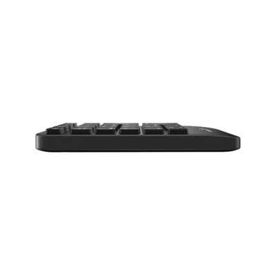 4 Vista lateral del teclado numérico inalámbrico Genius NumPad 1000 color negro con su receptor USB sobre fondo blanco.