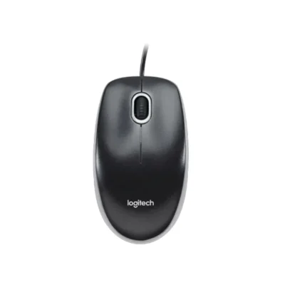 4 Vista del mouse alámbrico Logitech MK200 Media color negro sobre fondo blanco.